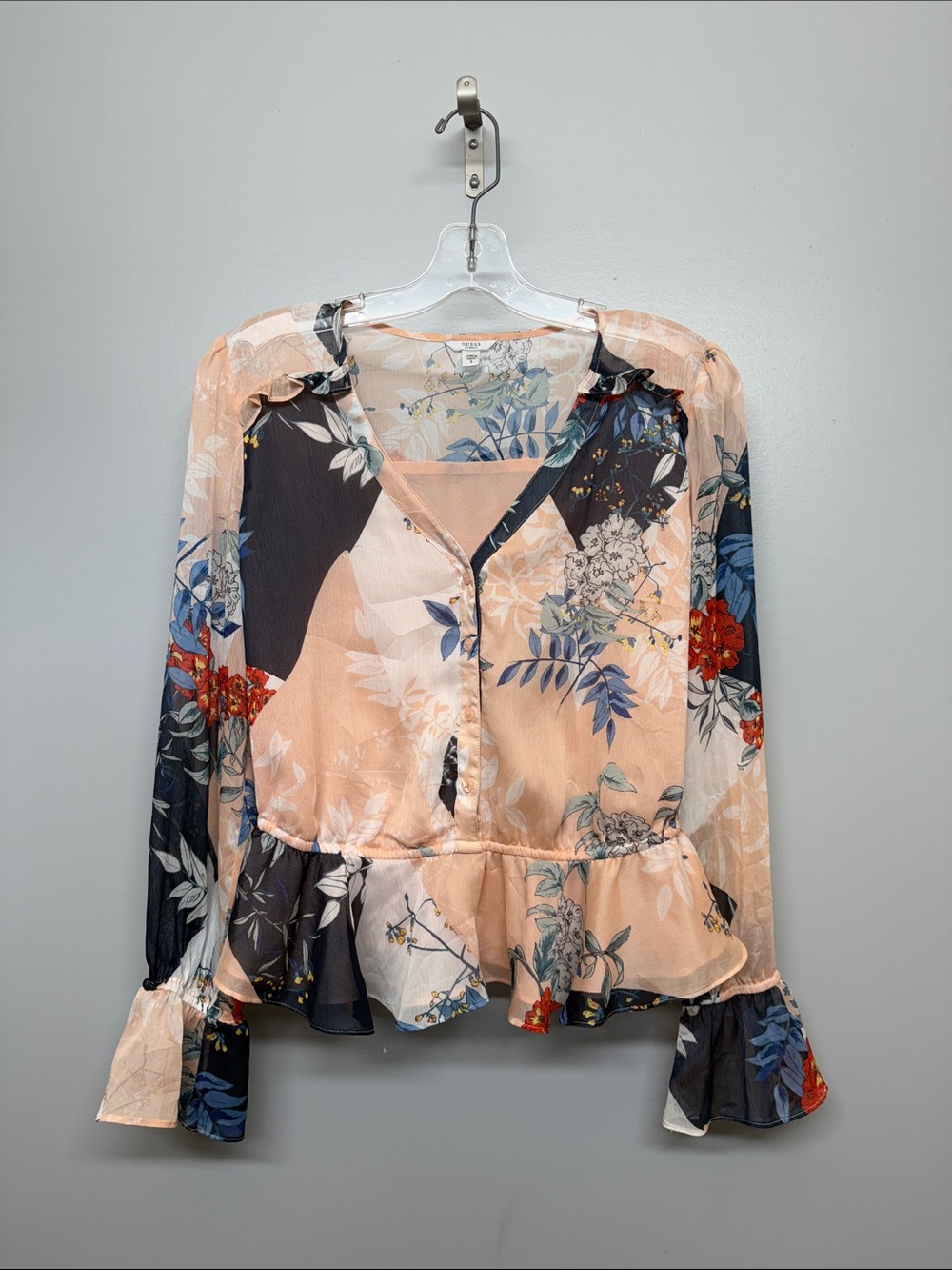 Guess Peach Floral Print Boho Summer Ruffle Sheer Blouse